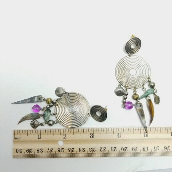 Vintage Funky Disc Shape Dangle Earrings with Beaded Charms, Silver Tone, 80s - Picture 4 of 6
